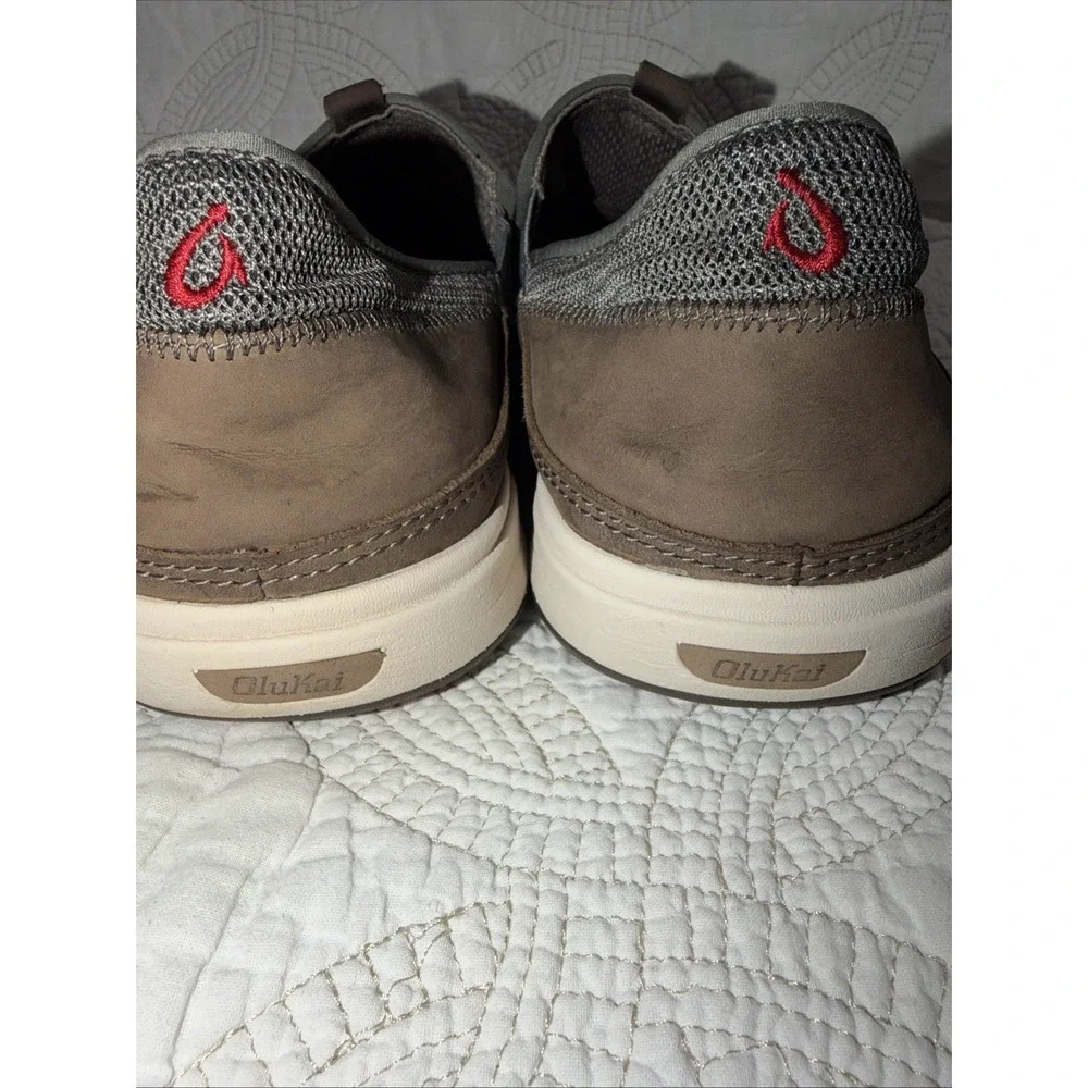 Olukai Makia Men's 12 Slip On Loafer Gray Mesh Brown Leather Boat Shoes